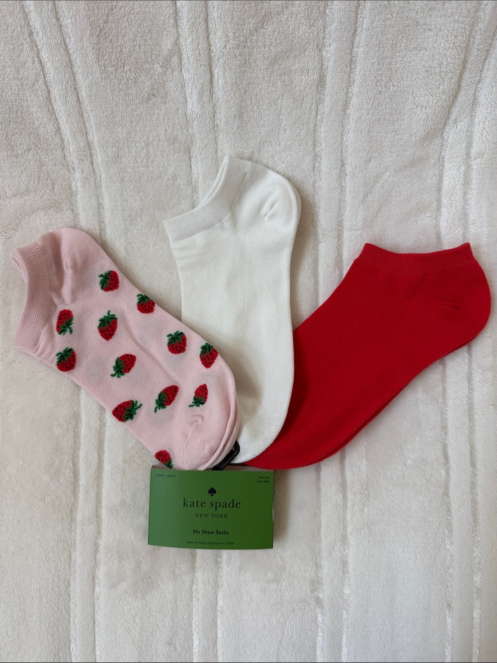 Kate Spade New York 3 Pairs Pink Strawberry, White & Red No-Show Sock Set